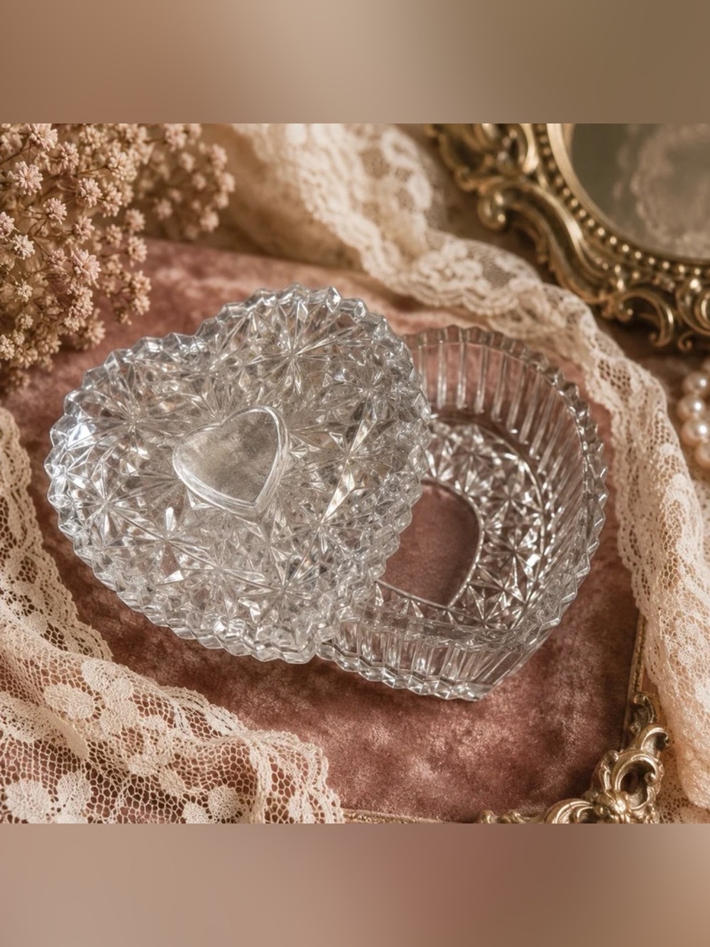 Vtg Heart Cut Glass Trinket Box w/ Lid Crystal Jewelry Ring Romantic Keepstake